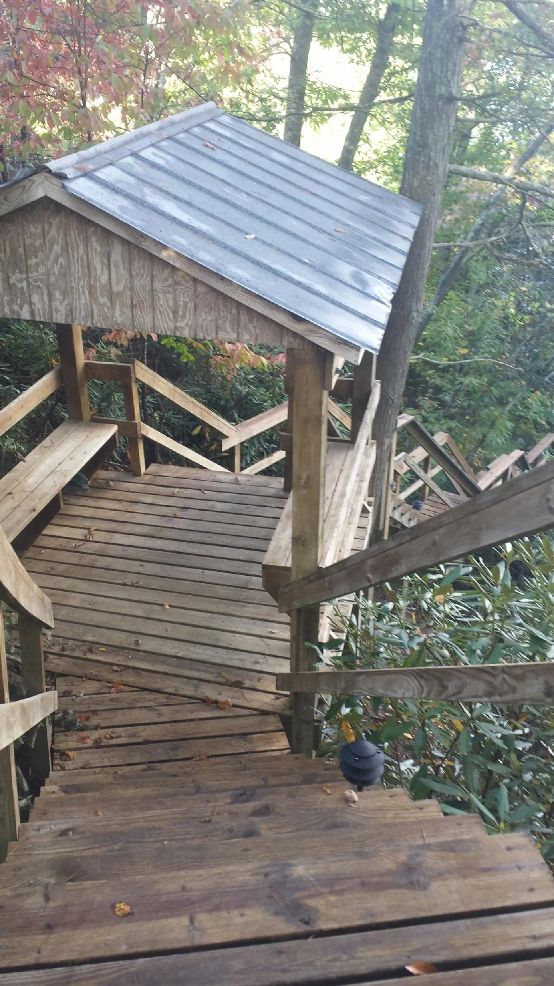 Metal roofed shelter over wooden steps on a wooded walkway — Skylight Repair & Installation work by our crew in Claridge